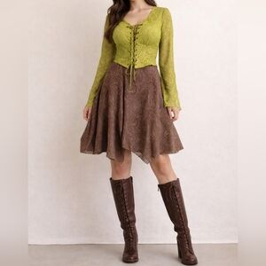 Context Vintage Y2K Boho Brown & Chartreuse Pasiely Handkerchief Silk Midi Skirt